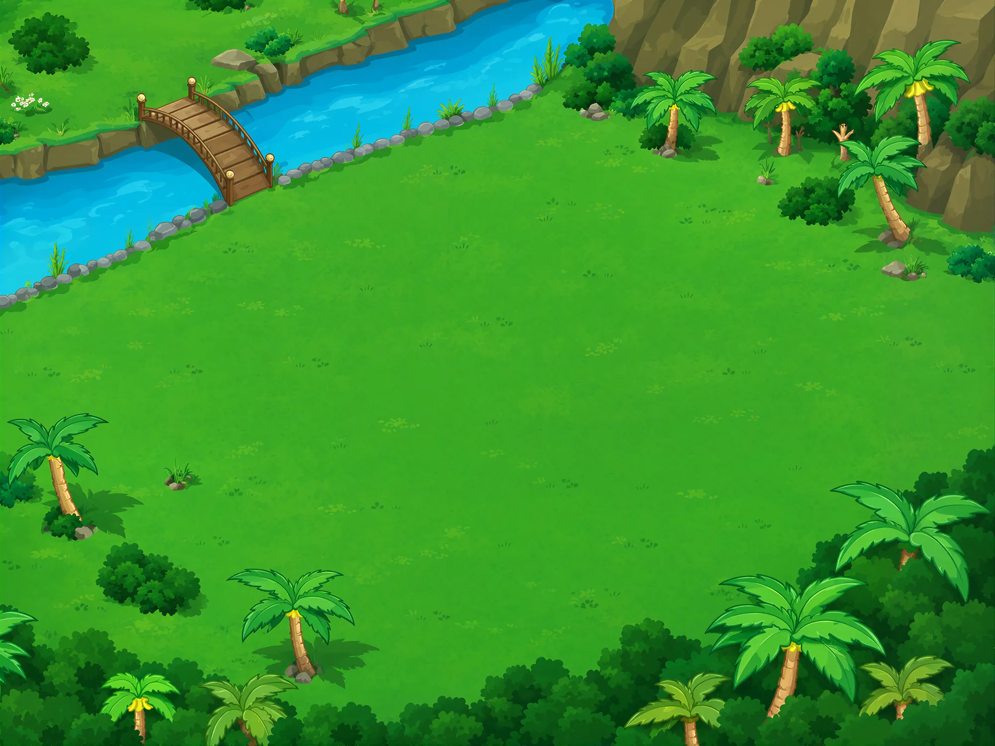 Cenário de campo com rio, palmeiras e vegetação verde em um jogo