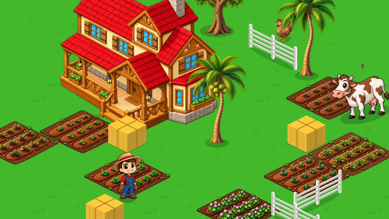 Casa de telhado vermelho com canteiros, cercas e animais em uma fazenda de jogo
