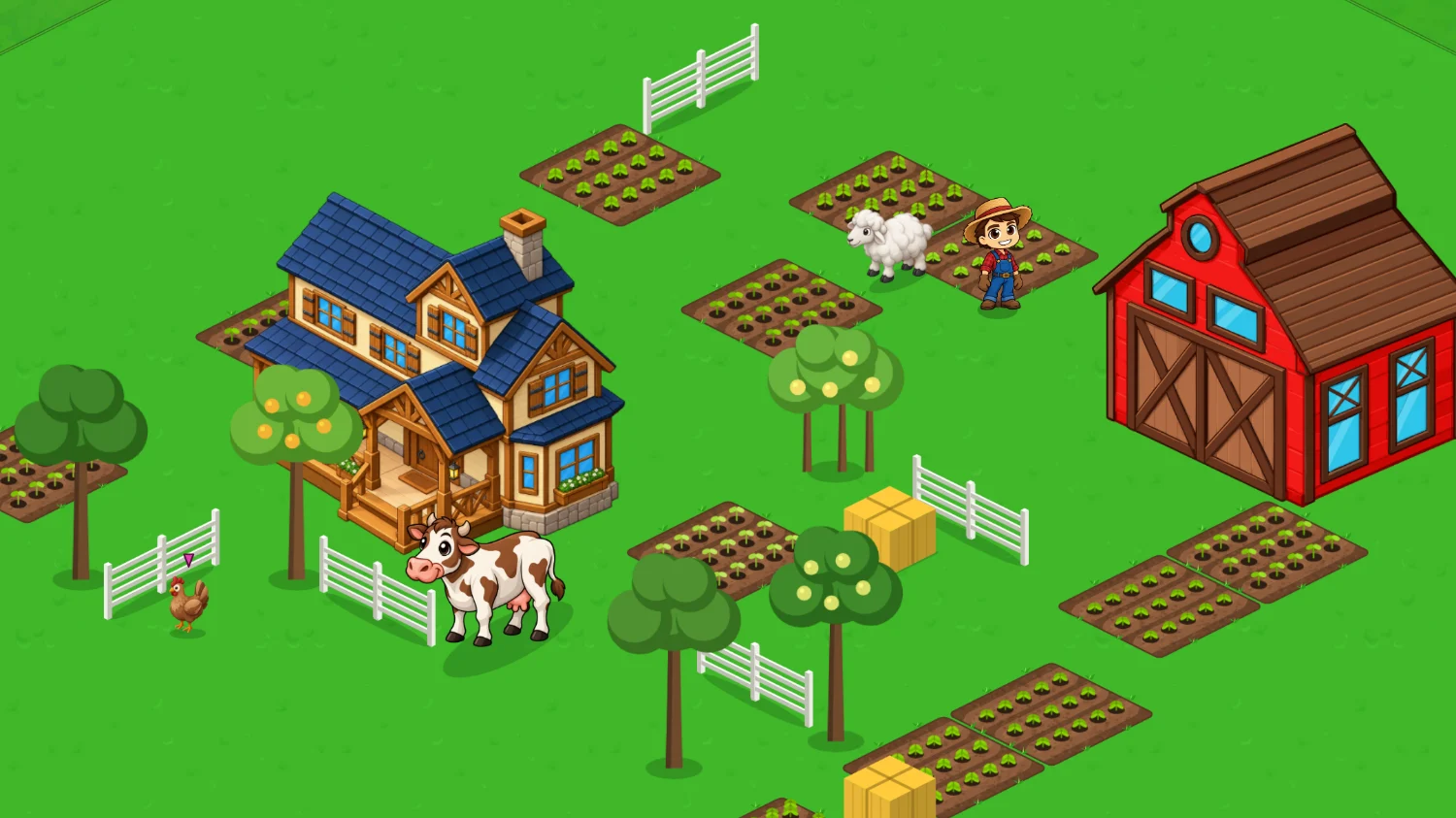 Fazenda de jogo com celeiro vermelho, casa azul, canteiros plantados e animais