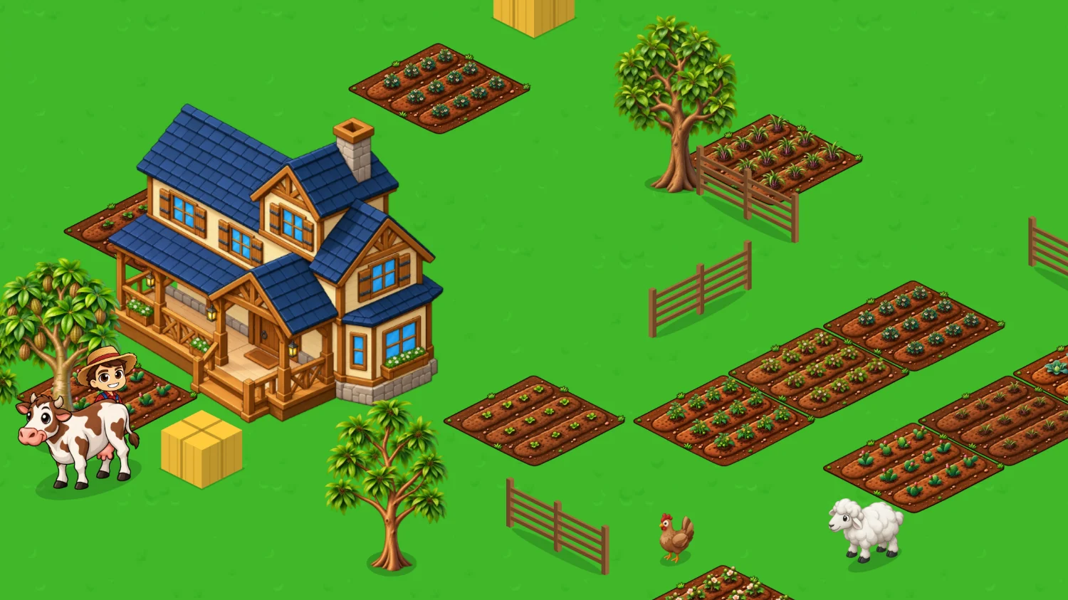 Fazenda de jogo com celeiro vermelho, casa azul, canteiros plantados e animais
