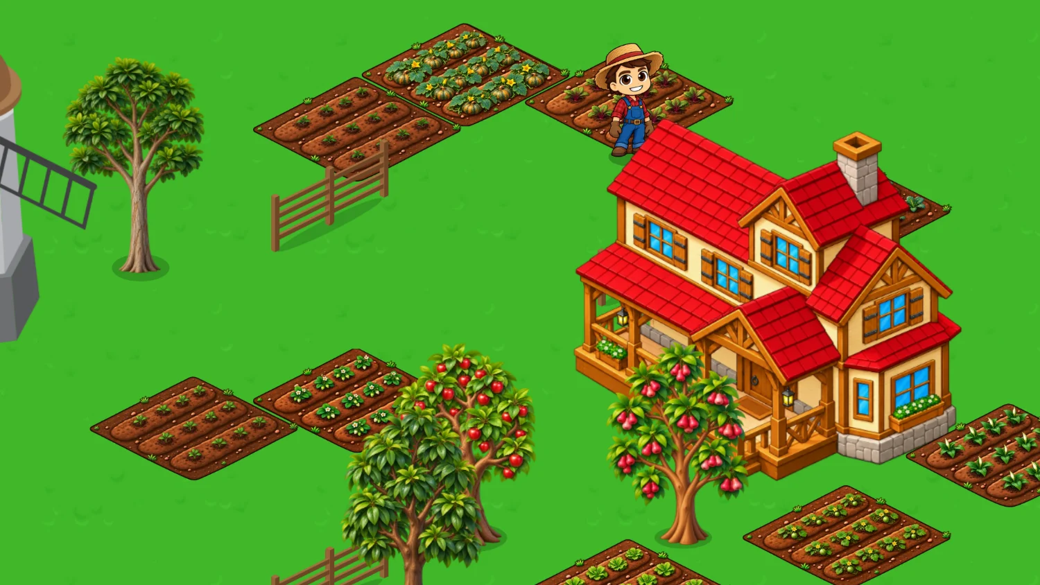 Moinho de vento, casa e canteiros em uma fazenda de jogo no navegador