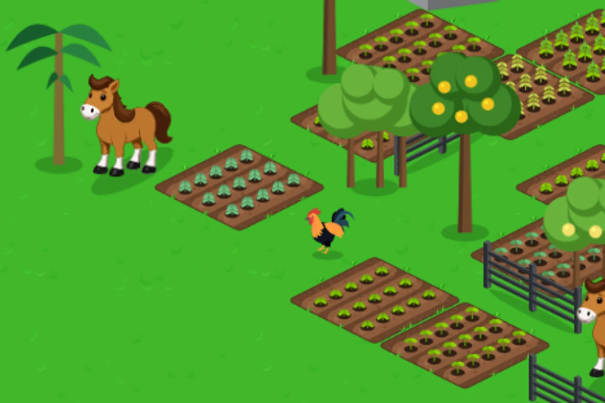 Cavalo, galo e canteiros de verduras em uma fazenda de jogo