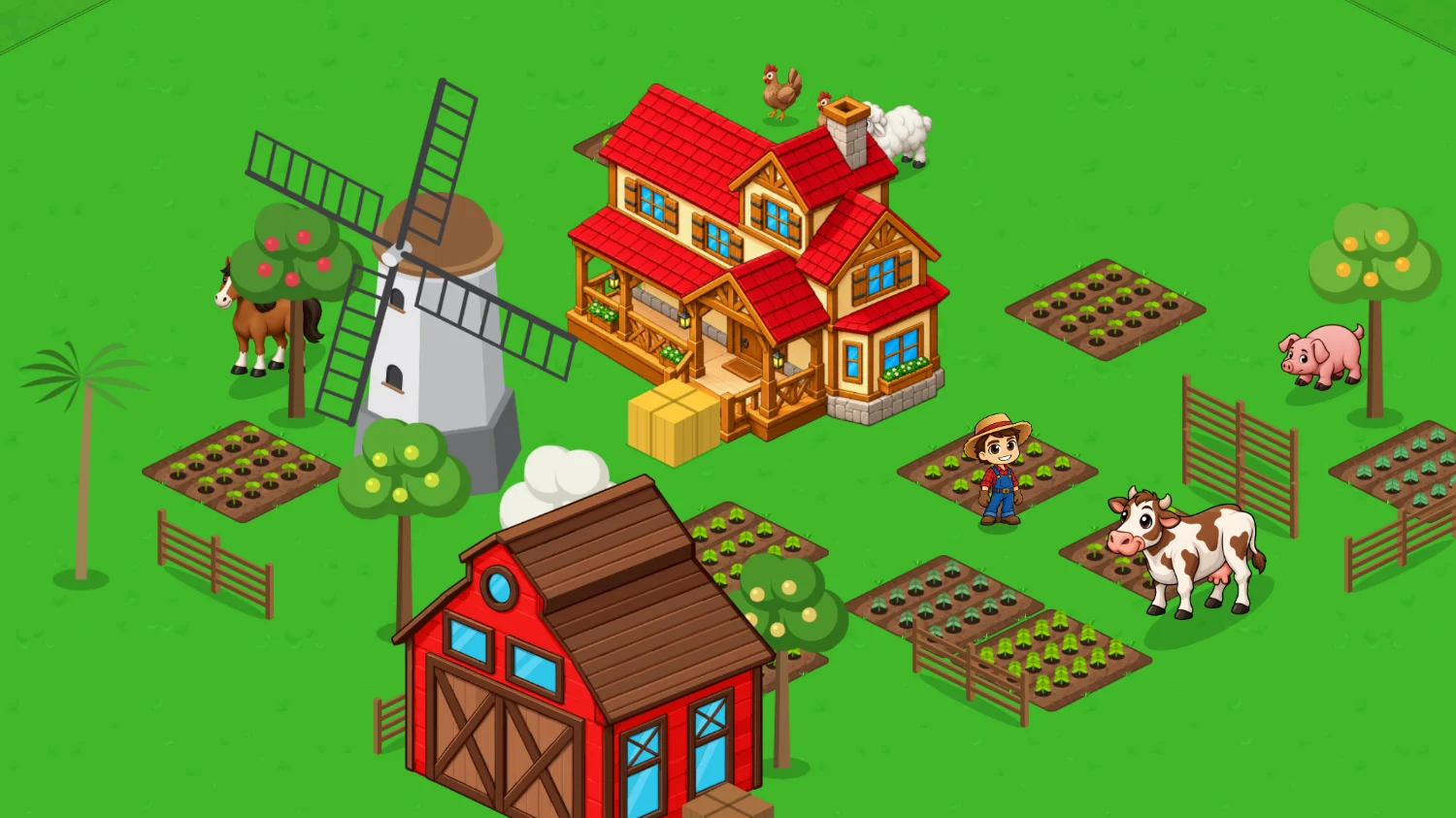 Fazenda da Mega Fazenda com celeiro, moinho, casa, animais, canteiros e árvores