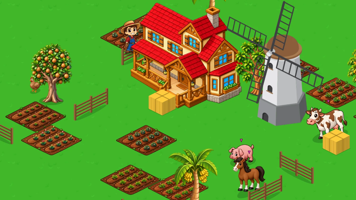 Fazenda da Mega Fazenda com celeiro, moinho, casa, animais, canteiros e árvores