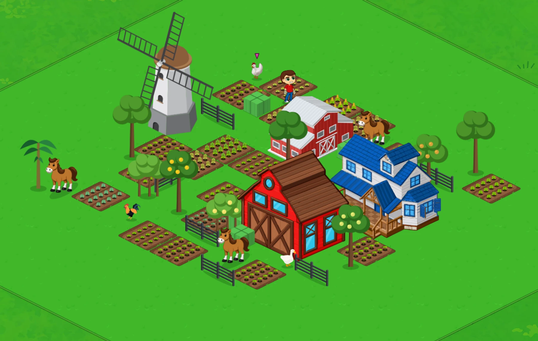 Visão geral de uma fazenda de jogo com moinho, celeiro, casa e canteiros