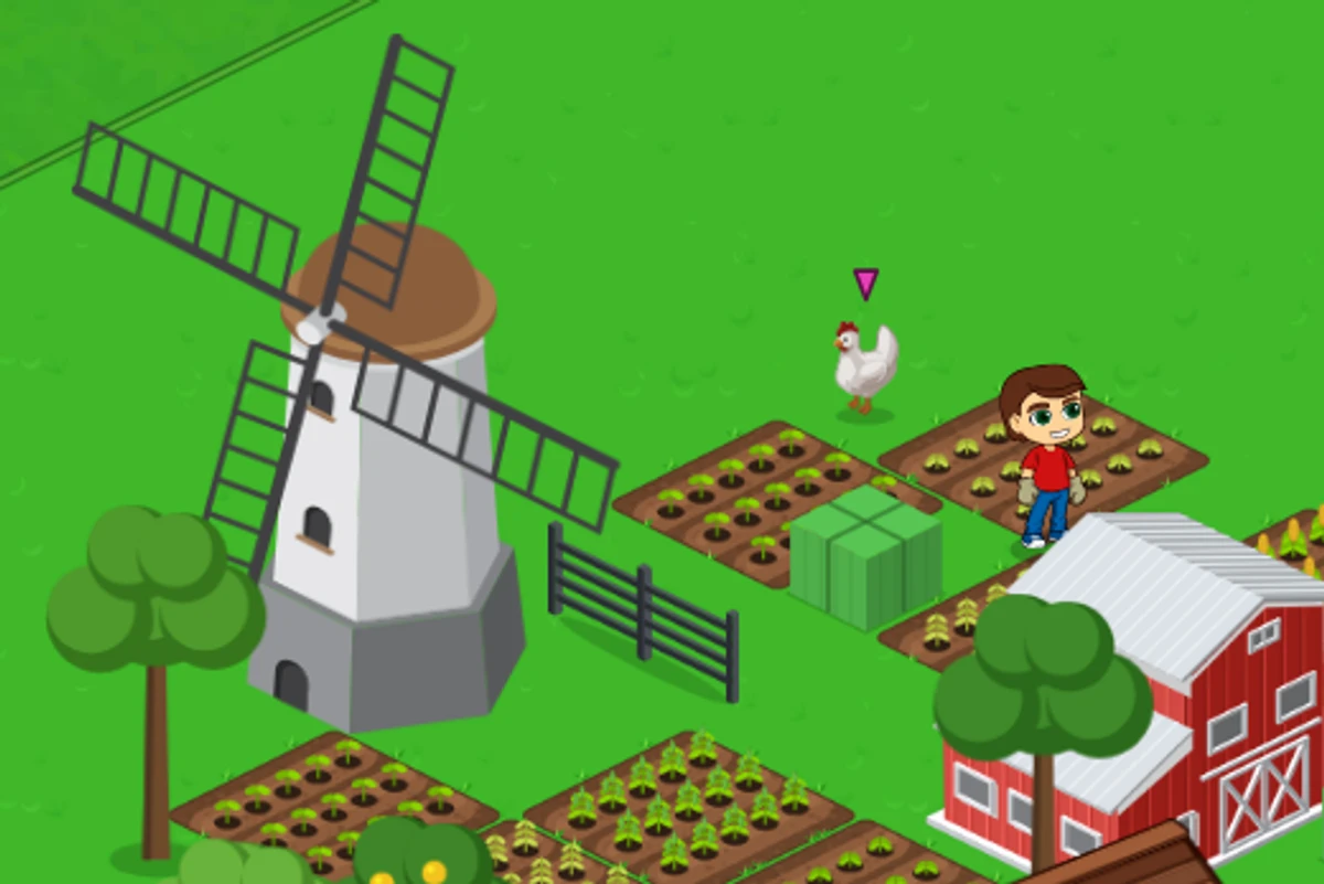 Moinho de vento e canteiros plantados em uma fazenda de jogo